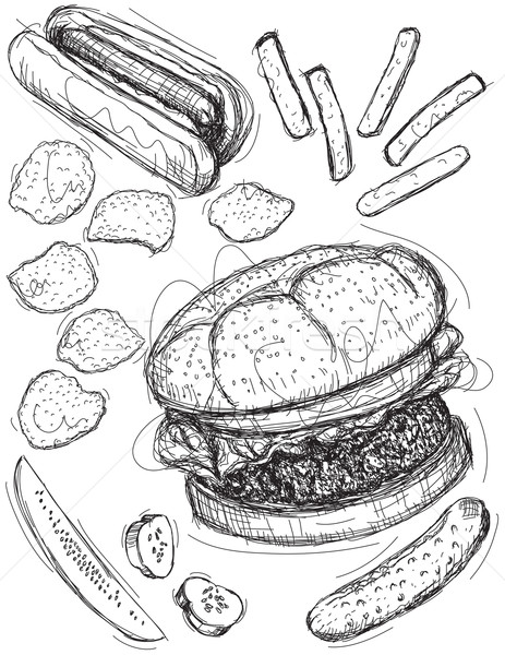 Fast-food hamburger sosisli sandviç patates kızartması salatalık turşusu Stok fotoğraf © retrostar