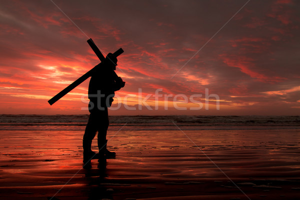 Rouge coucher du soleil croix homme plage [[stock_photo]] © rghenry