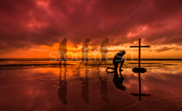 Stock foto: Kniend · Heil · Kreuz · Mann · Fuß · Silhouette