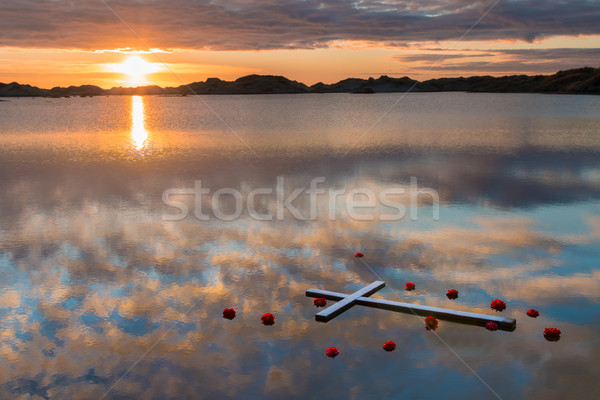 Foto stock: Flores · atravessar · branco · flores · vermelhas · em · torno · de · flutuante