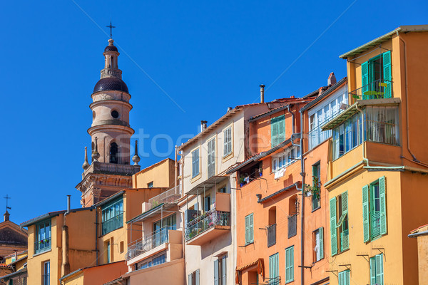 Colorful houses and belfry in Menton, France. Stock photo © rglinsky77