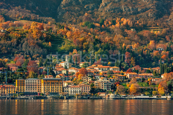 Foto stock: Pequena · cidade · lago · costa · outono · Itália · paisagem