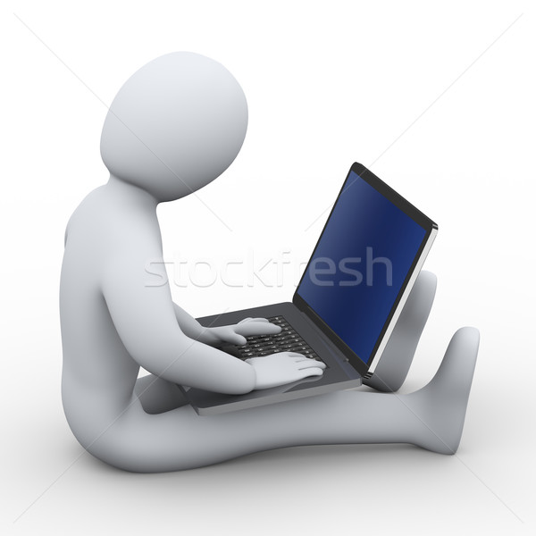 Stockfoto: 3d · man · werken · laptop · 3d · illustration · persoon · online