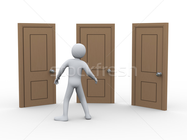 Stock foto: 3D · Mann · drei · Türen · 3D-Darstellung · Person · Tür