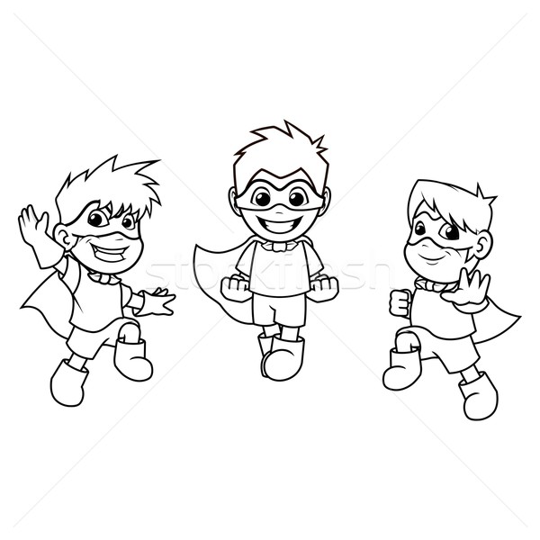 Kid Super Heroes with Jumping Flying Pose Cartoon Character Outline Version  Stock photo © ridjam