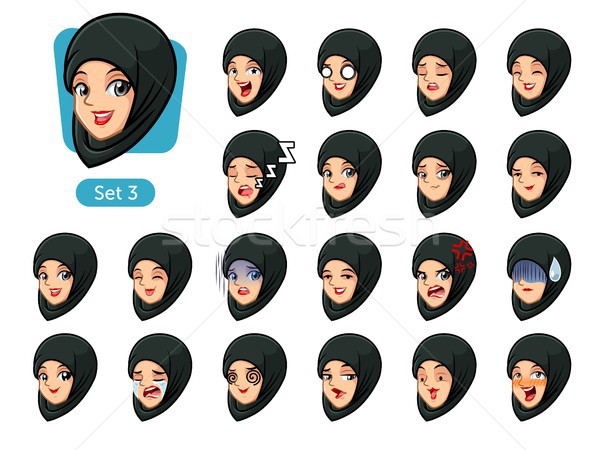 Stock photo: The third set of muslim woman in black hijab cartoon avatars