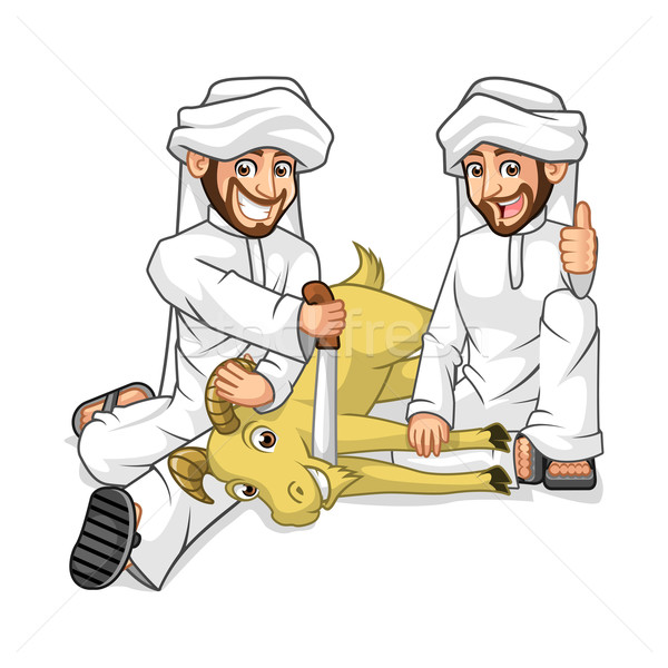 Stock photo: Muslim Middle Eastern Men Cartoon Character Sacrifice Goat