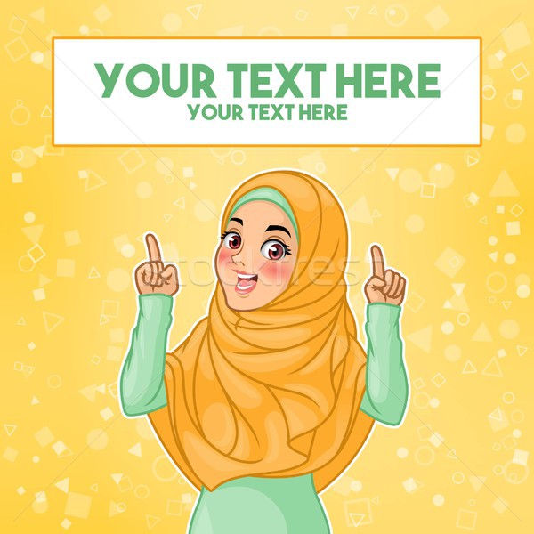 Stock photo: Muslim woman pointing finger up at copy space