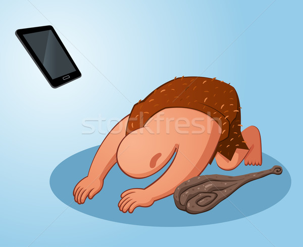 caveman worshiping a gadget Stock photo © riedjal