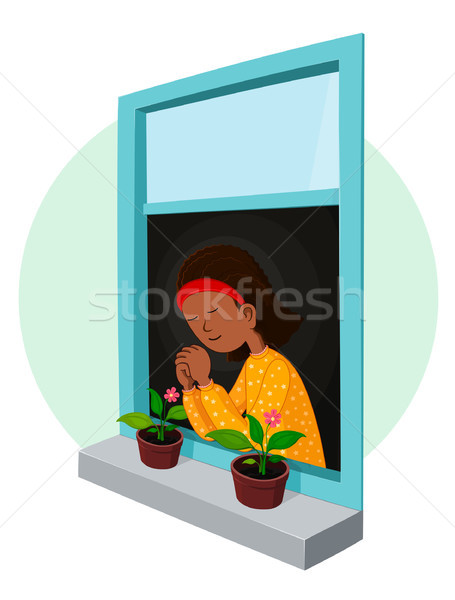 Foto stock: Africano · menina · oração · janela · flor · amor