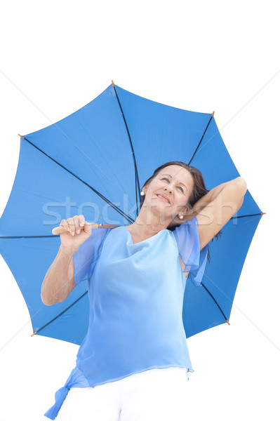 Foto stock: Atraente · mulher · madura · azul · guarda-chuva · retrato · em · pé