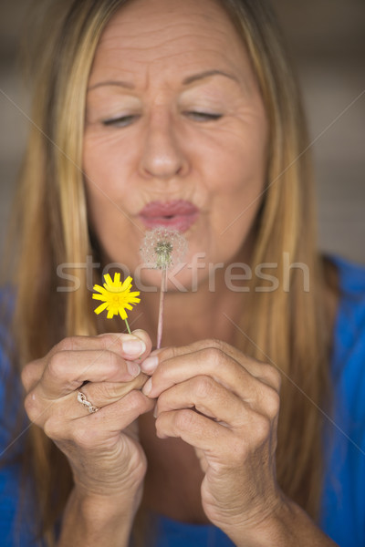 Happy Woman blowing dandelion flower Stock photo © roboriginal