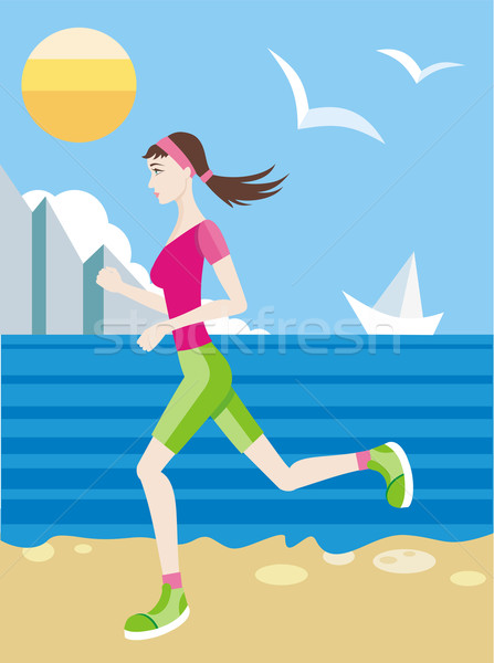 Girl in a sports uniform jogging on beach Stock photo © robuart