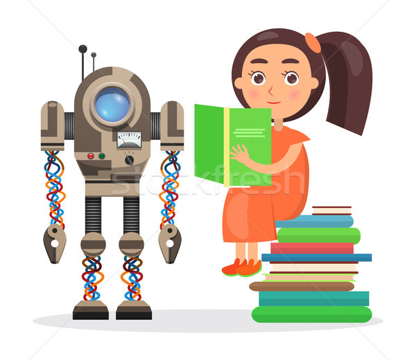 Girl Sits on Pile of Books and Reads Beside Robot Stock photo © robuart