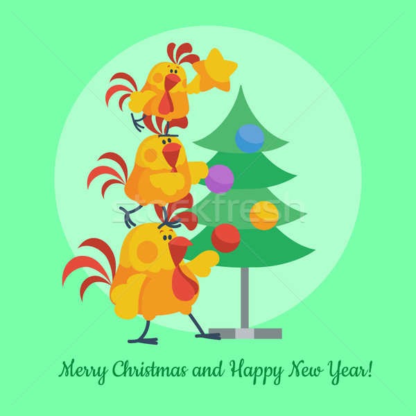 Cartoon Roosters Decorating Christmas Tree Vector Stock photo © robuart