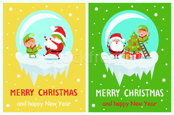 Postcard Merry Christmas Happy New Year Santa Elf Stock photo © robuart