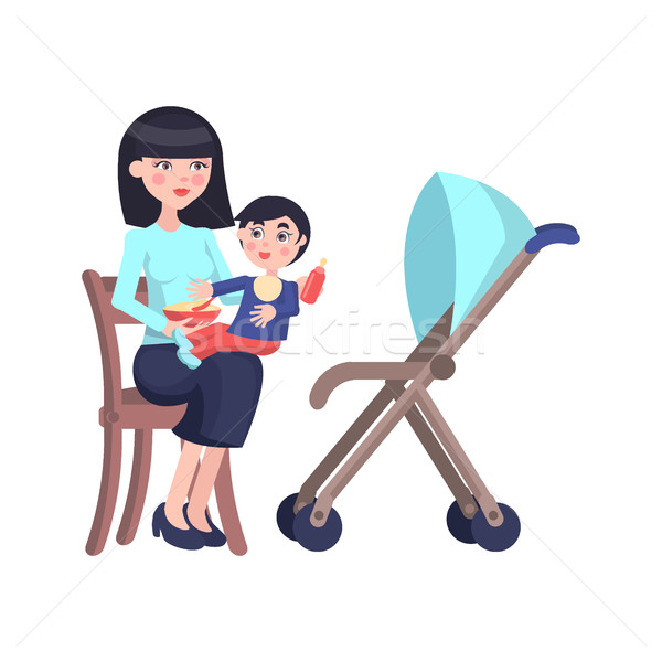 Happy Mother Feeds Little Son Flat Vector Stock photo © robuart