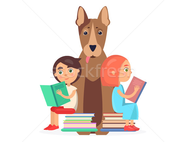 Girl and Boy Sits on Two Pile of Books with Dog Stock photo © robuart