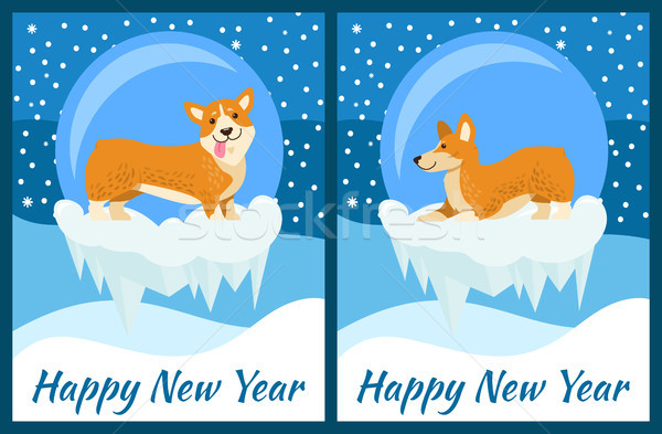 Happy New Year Greeting Cards with Cute Corgi Dog Stock photo © robuart