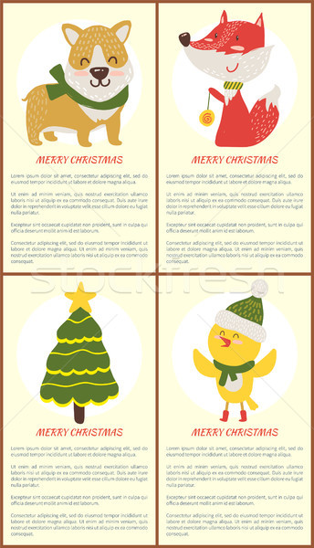 Merry Christmas Greeting Card Chicken Dog Fox Tree Stock photo © robuart