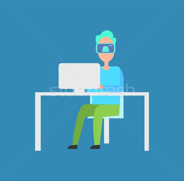 Interaktív valóság férfi laptop ül visel Stock fotó © robuart