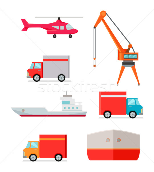 Stockfoto: Ingesteld · wereldwijd · goederen · helikopter · vrachtwagen · graafmachine