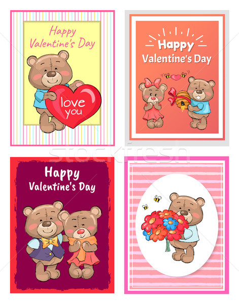 Happy Valentines Day Poster Set Teddy with Bouquet Stock photo © robuart