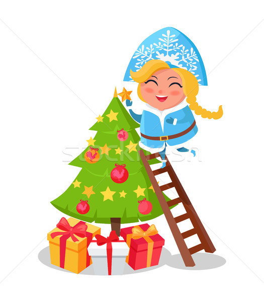Happy Snow Maiden Decorating Christmas Tree Icon Stock photo © robuart