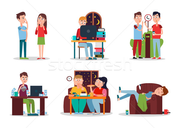 Stock photo: Set of Colorful Cards with People with Bad Habits