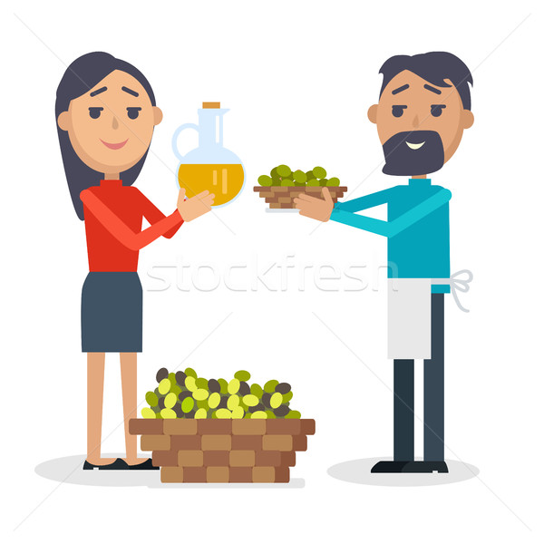 Woman with Bottle of Olive Oil, Man with Olives Stock photo © robuart