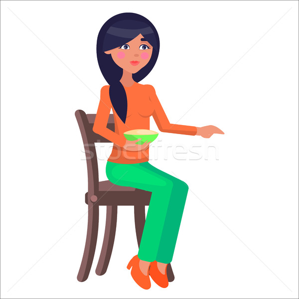 Stock photo: Young Woman on Chair with Dietary Food Flat Vector