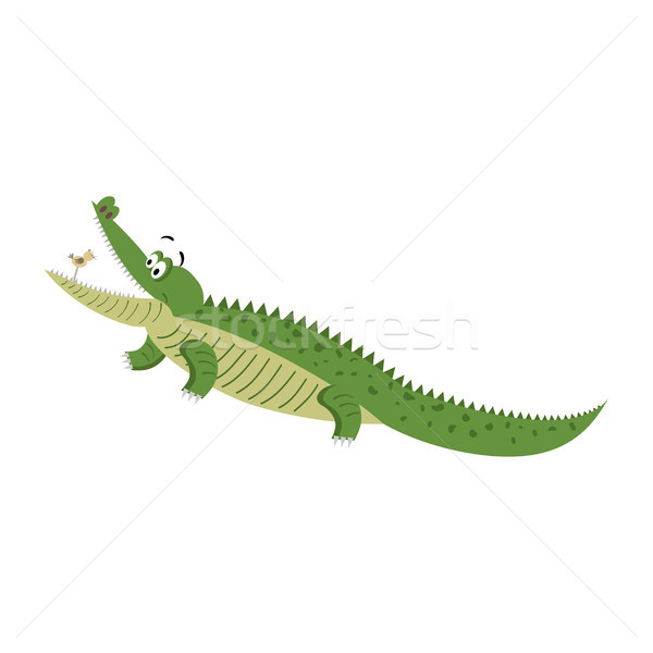 Stock photo: Cartoon Crocodile with Bird in Wide Open Mouth