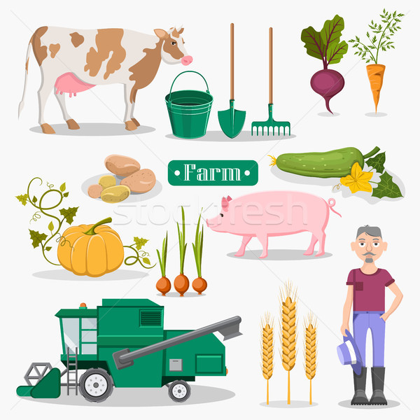 Farm Worker, Animals and Plants Illustrations Set Stock photo © robuart