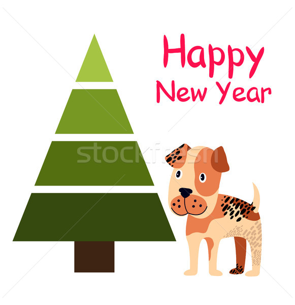 Stock foto: Glückliches · neues · Jahr · Plakat · Fichte · Baum · Hund · abstrakten