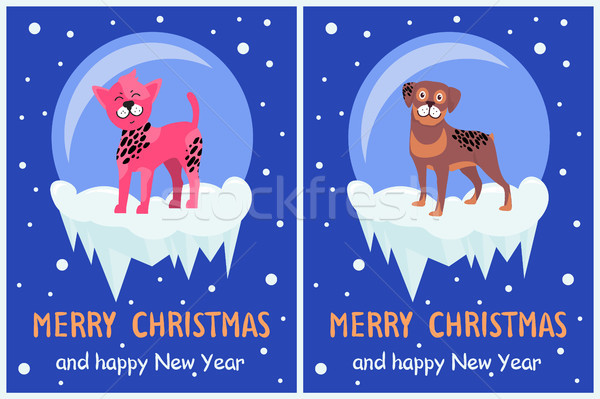 Vidám karácsony boldog új évet kutyus szett plakátok Stock fotó © robuart