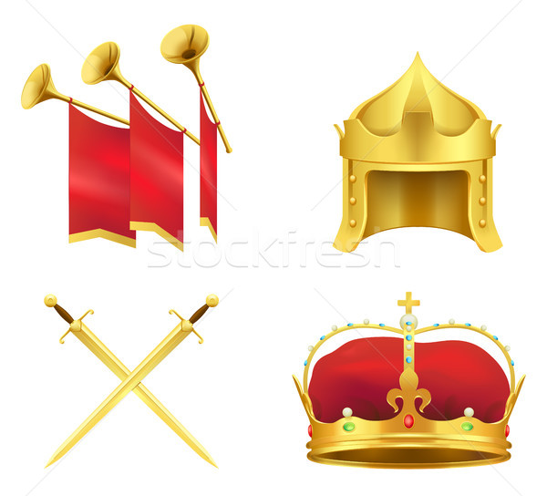 Stock photo: Golden Medieval Symbols Realistic Vector Icons Set