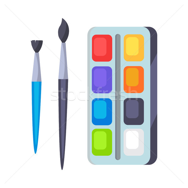 Palette with Paints and Two Brushes Vector Icons Stock photo © robuart