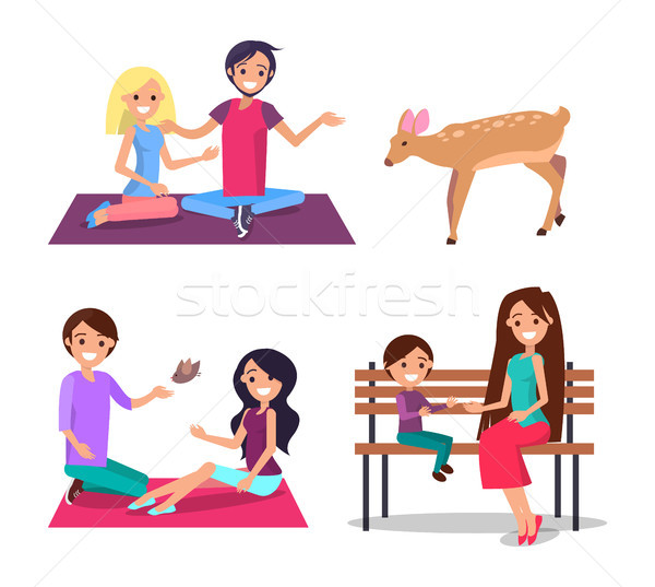 Man and Woman Feeding Deer Mother Son Bench Vector Stock photo © robuart