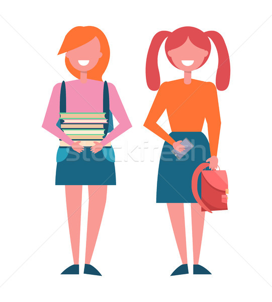 School Girls with Pile of Books in Hands Rucksack Stock photo © robuart