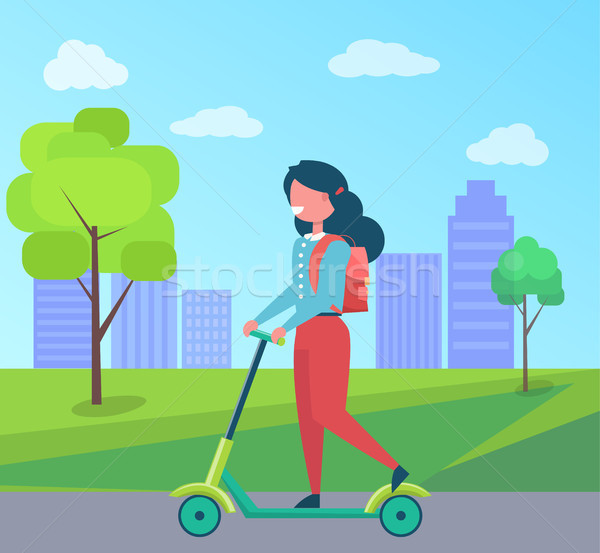 Girl with Rucksack Riding on Kick Scooter Vector Stock photo © robuart