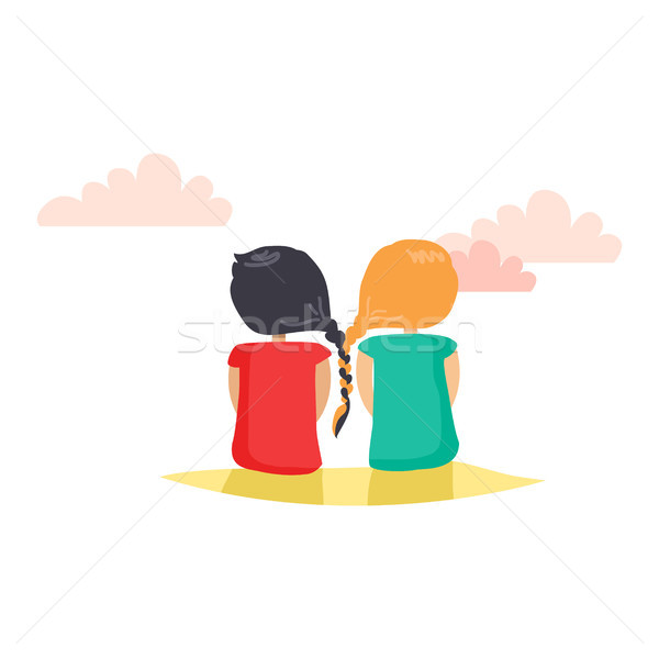 Two Girls With Closely Interwoven Braids Vector Vector