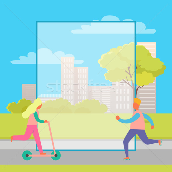 Rollerskating Man and Girl on Kick Scooter in Park Stock photo © robuart