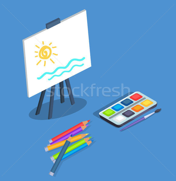 Bild Staffelei Wasserfarbe Pinsel Bleistifte weiß Stock foto © robuart