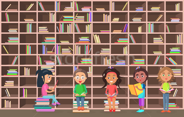 Gyerekek könyvtár olvas könyvek vmi mellett könyvszekrény Stock fotó © robuart