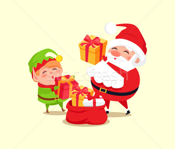 Santa Elf Cartoon Characters Put Present into Sack Stock photo © robuart