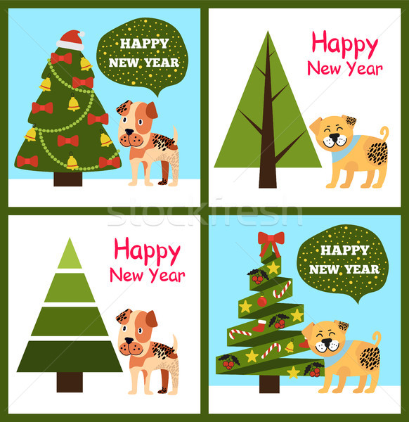 [[stock_photo]]: Happy · new · year · affiches · Noël · arbres · chiots