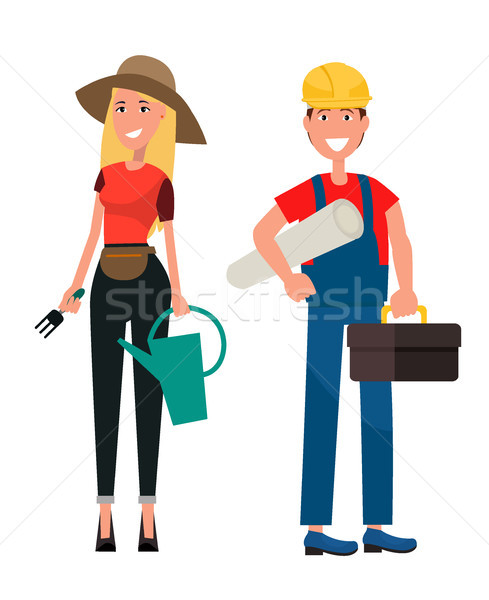 Set of Gardener Woman and Builder Man Flat Design Stock photo © robuart