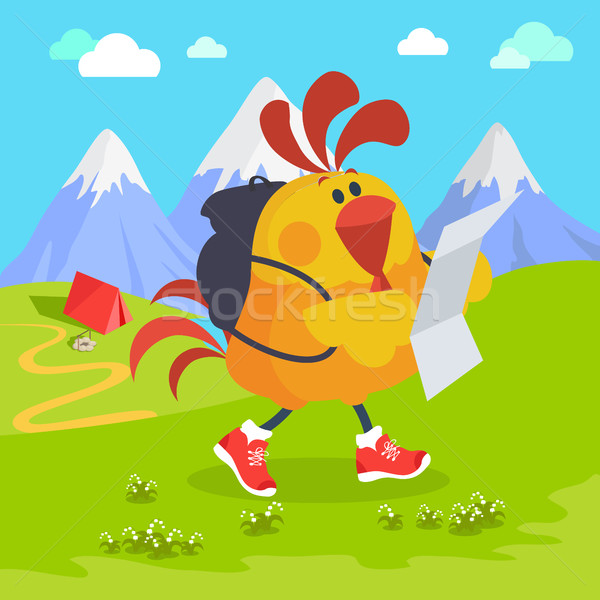 Rooster Bird on Excursion in Mountains. Vector Stock photo © robuart