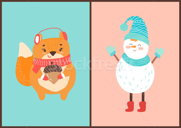 Happy Squirrel and Snowman Vector Illustration Stock photo © robuart
