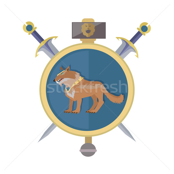 Stockfoto: Wolf · icon · goud · geïsoleerd · avatar · zwaarden